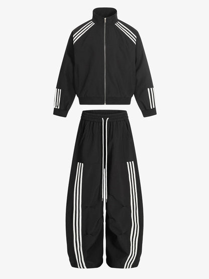 Cotton-Blend Track Suit Set with White Stripes - Oversized Zip-Up Jacket and Wide-Leg Pants?