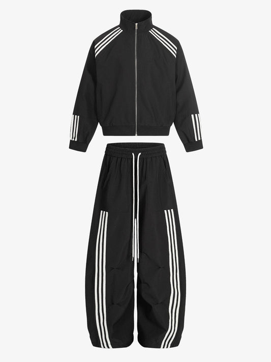 Cotton-Blend Track Suit Set with White Stripes - Oversized Zip-Up Jacket and Wide-Leg Pants?