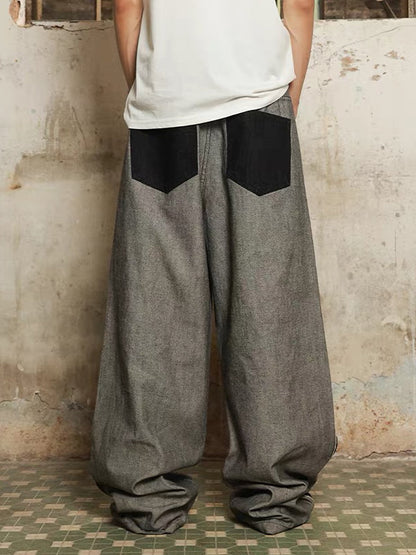 Stylish Wide-Leg Denim Trousers with Graphic Patches and Side Stripes 