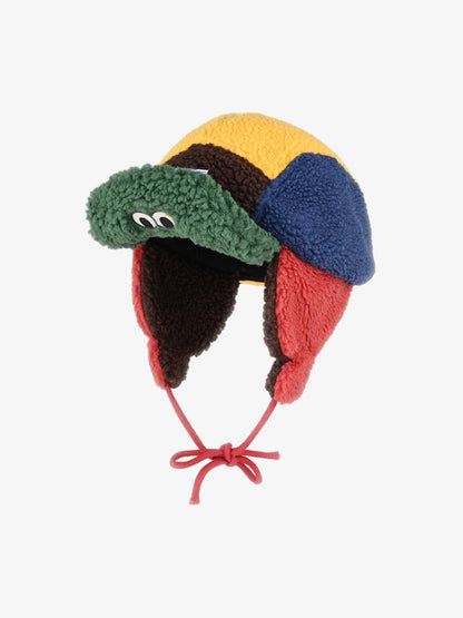 Faux Sherpa Color Block Kids Hat with Frog Visor and Ear Flaps?
