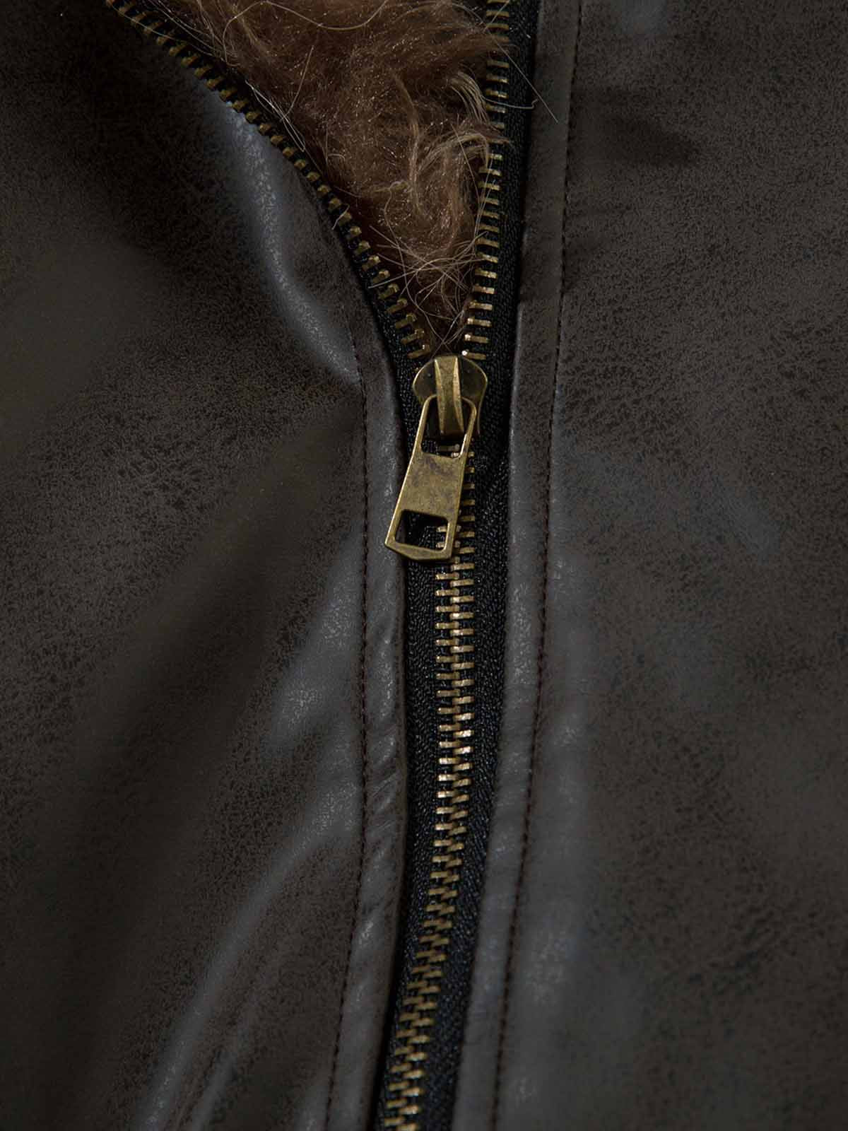 Vintage Faux Fur Hood Lined PU Zip Up Bomber Jacket 