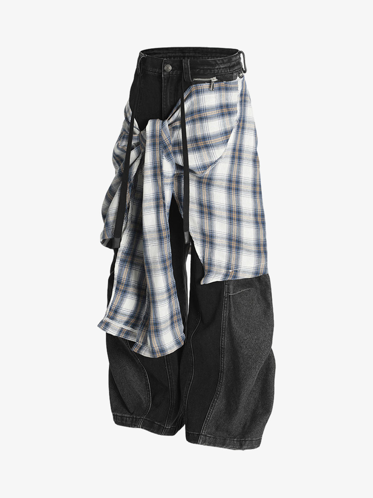 Faux Two-piece Plaid Detachable Scimitar Jeans 