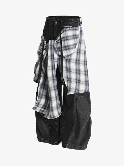 Faux Two-piece Plaid Detachable Scimitar Jeans 