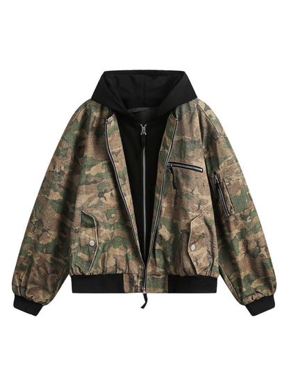Camouflage Faux Two-Piece Hooded Jacket 
