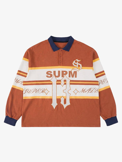 Supermade Color-Blocked Polo Collar Embroidered Print Long-Sleeved Jersey?