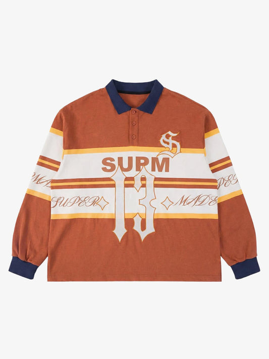 Supermade Color-Blocked Polo Collar Embroidered Print Long-Sleeved Jersey?