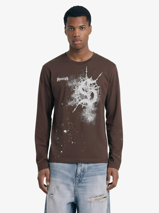 Cotton Washed Slim Fit Long-Sleeve T-Shirt with Splatter Graphic Print and Gothic 3D stereoscopic silicone printing Logo Design?