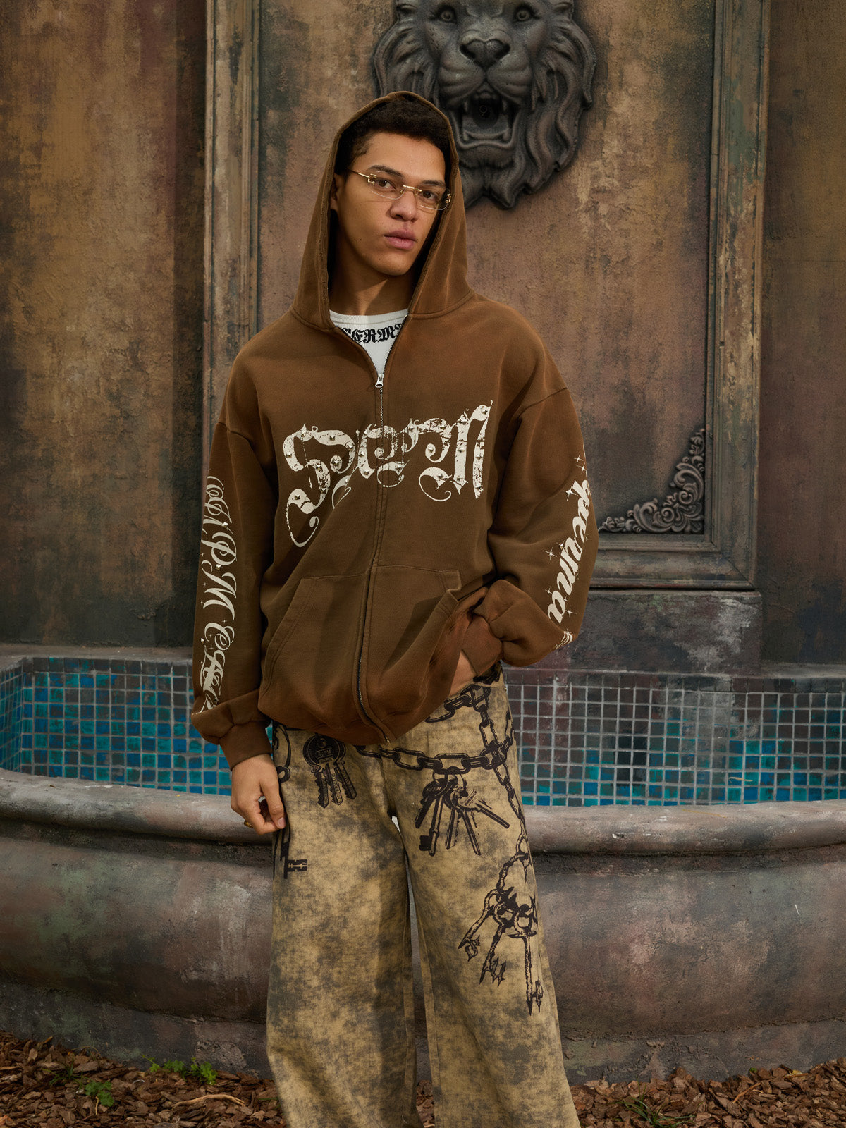 Supermade Vintage Distressed Studded Gothic Font Zipper Sweatshirt?