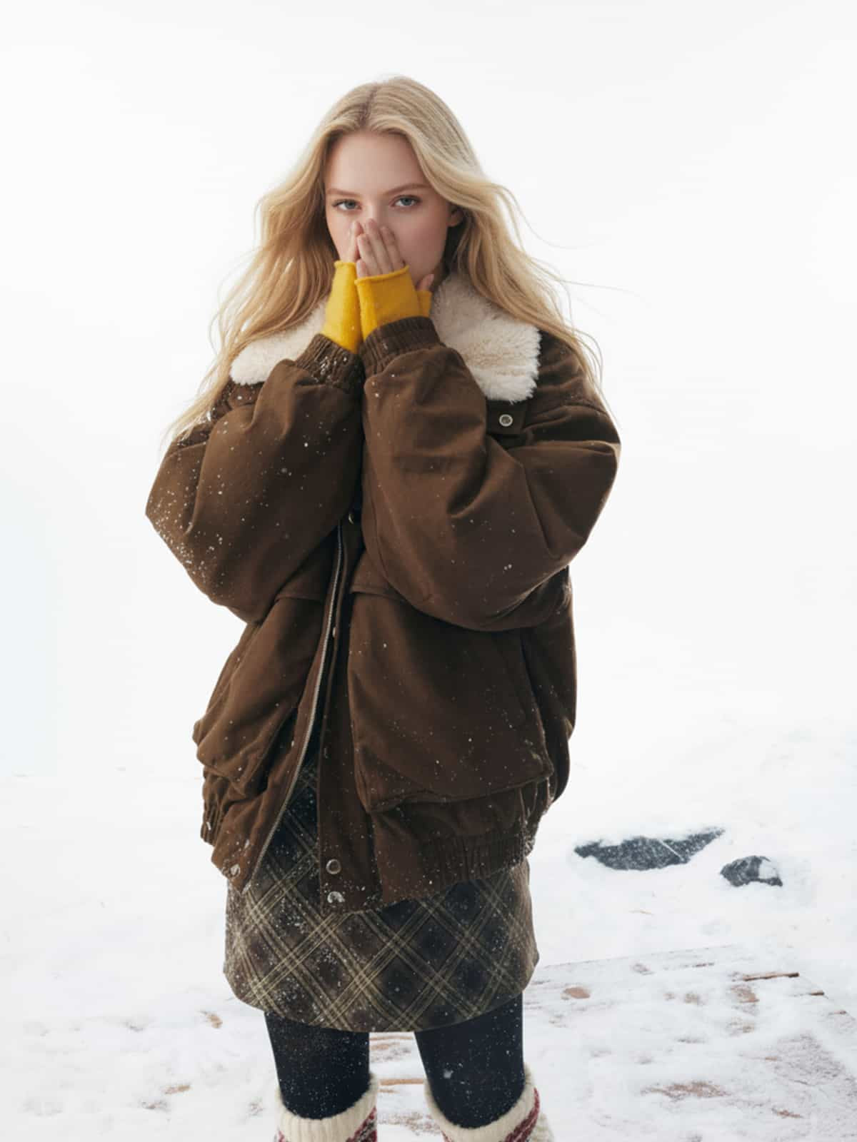 Winter Essential Bomber Jacket with Plaid Skirt Set 