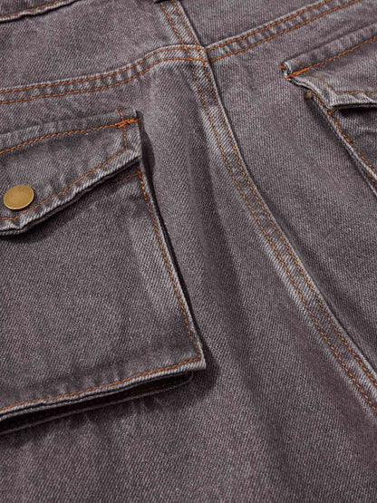 Retro Faded Multi-Pocket Flared Cargo Jeans 