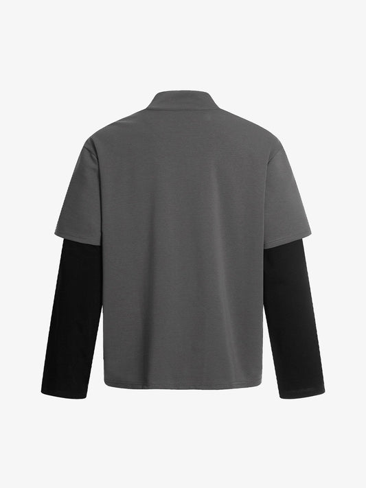 Performance Stretch Knit Long Sleeve T-Shirt with Mock Neck and Contrast Sleeves 