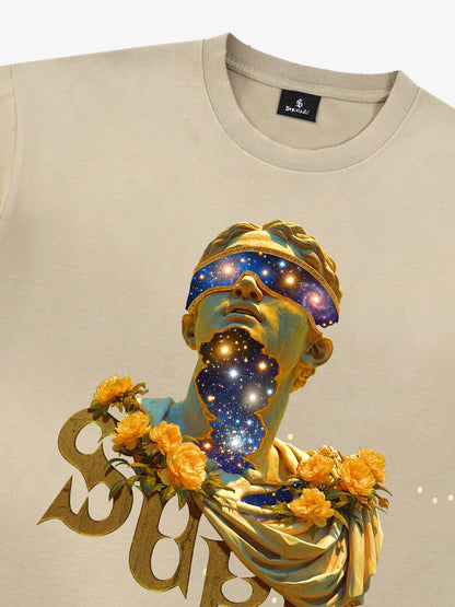 THE SUPERMADE-Wash and splash ink Galaxy Art Print T-Shirt with Cosmic Statue Design for Men and Women?