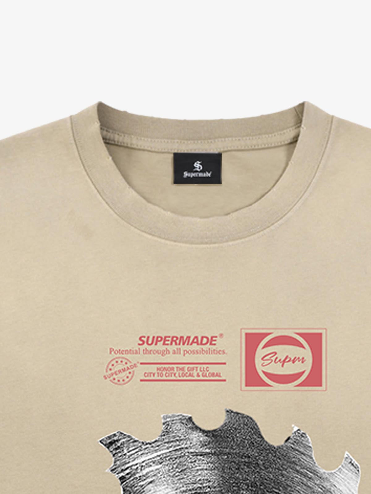 Thesupermade High-street Ink-splatter Wash Distressed Dark Damaged Gear Print T-shirt 