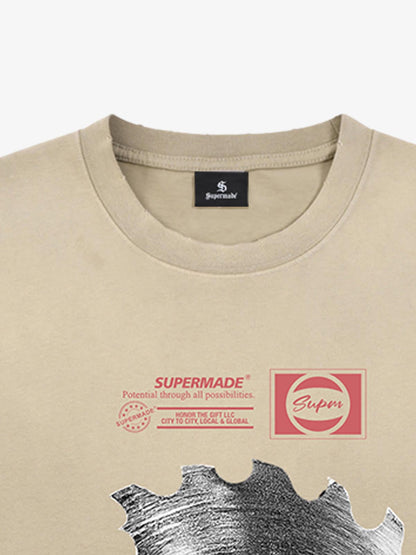 Thesupermade High-street Ink-splatter Wash Distressed Dark Damaged Gear Print T-shirt 