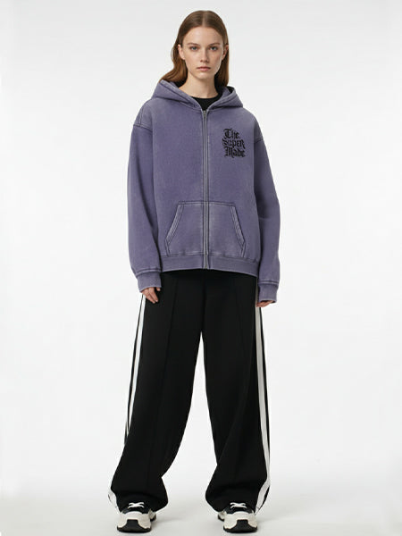 Thesupermade Washed Batik Distressed Double Zipper Cardigan Hooded Sweatshirt Sketch Skull Clock 