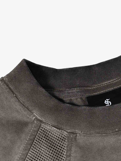 Cotton Blend Oversized Mesh Panel T-Shirt with Crew Neck?