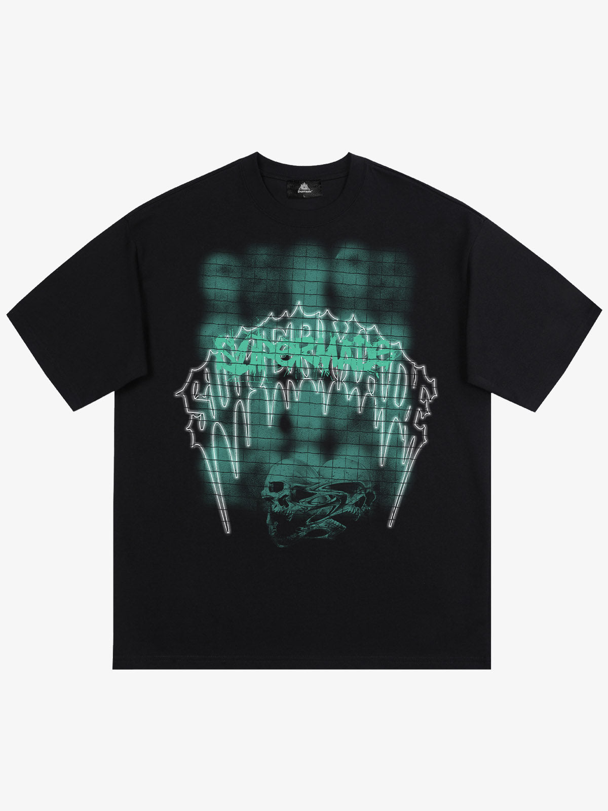 THE SUPERMADE Dark Grid Skull Graphic T-Shirt with Neon Drip Design 