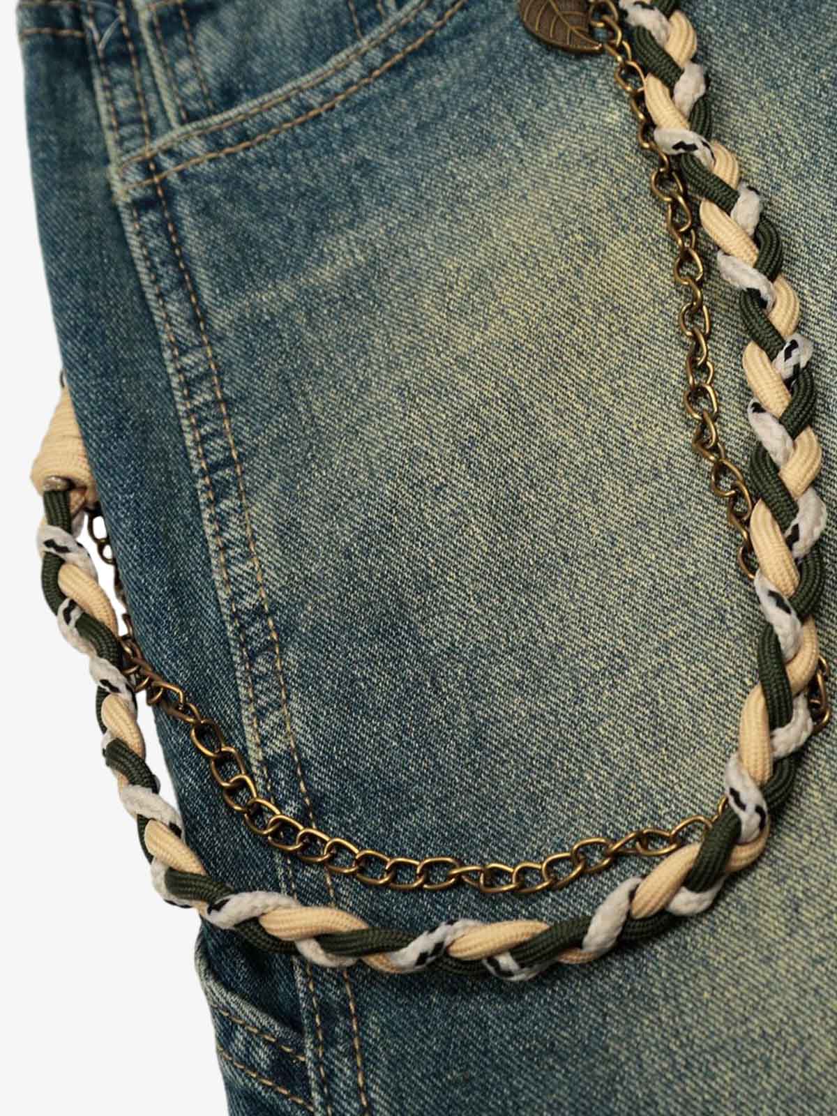 Distressed Denim Jeans with Braided Chain Detail - Perfect for Casual and Streetwear Styles 