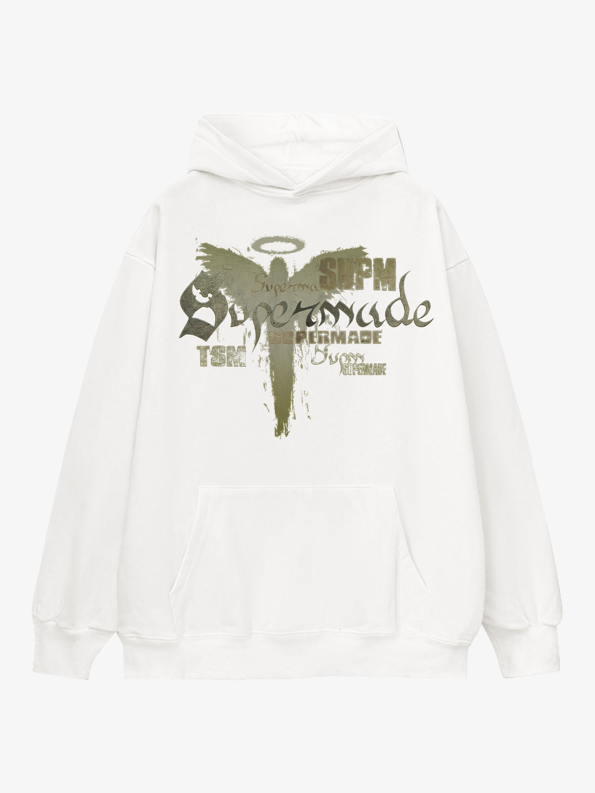 THE SUPERMADE A distressed trend print pattern hoodie that combines angel wings and gothic font elements 