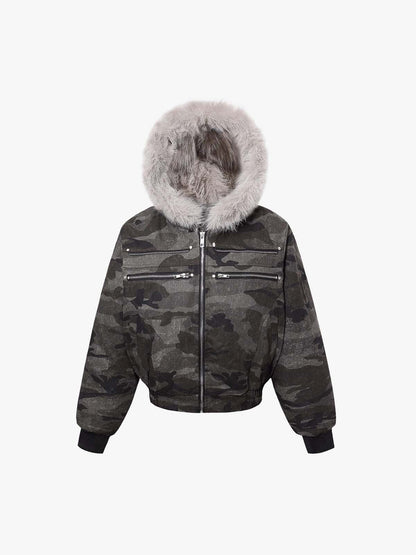 Vintage Camo Faux Fur Hood Padded Bomber Jacket 