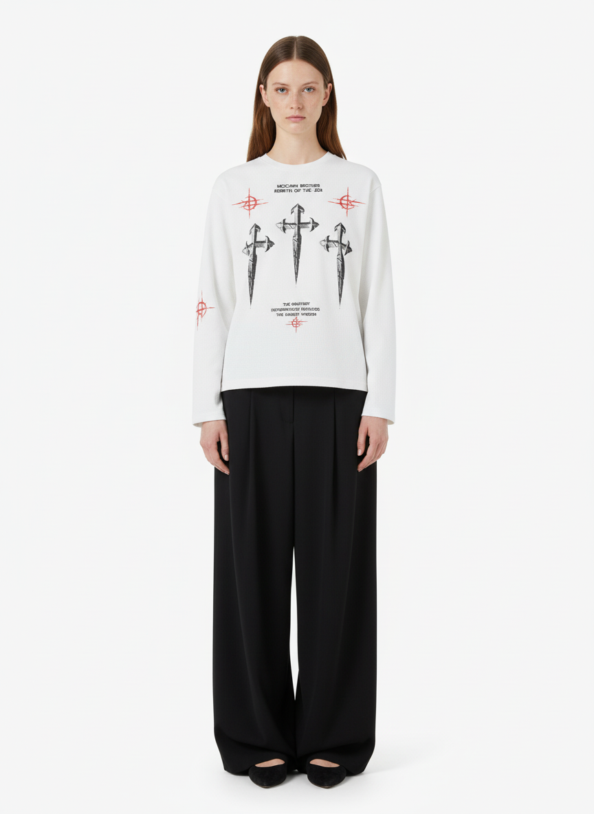 Letter Print Waffle Cross Long-Sleeved T-Shirt
