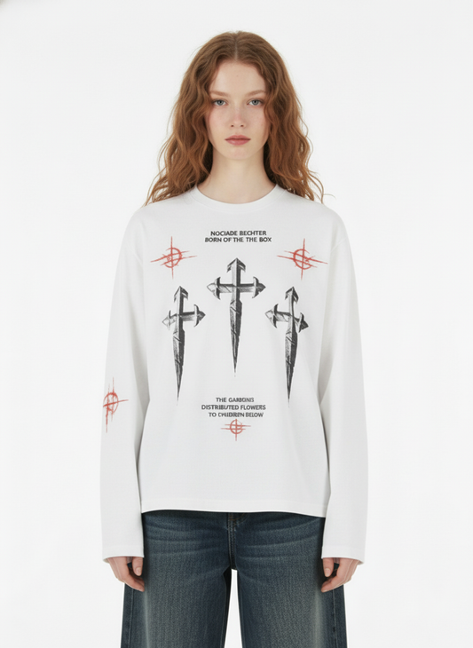 Letter Print Waffle Cross Long-Sleeved T-Shirt
