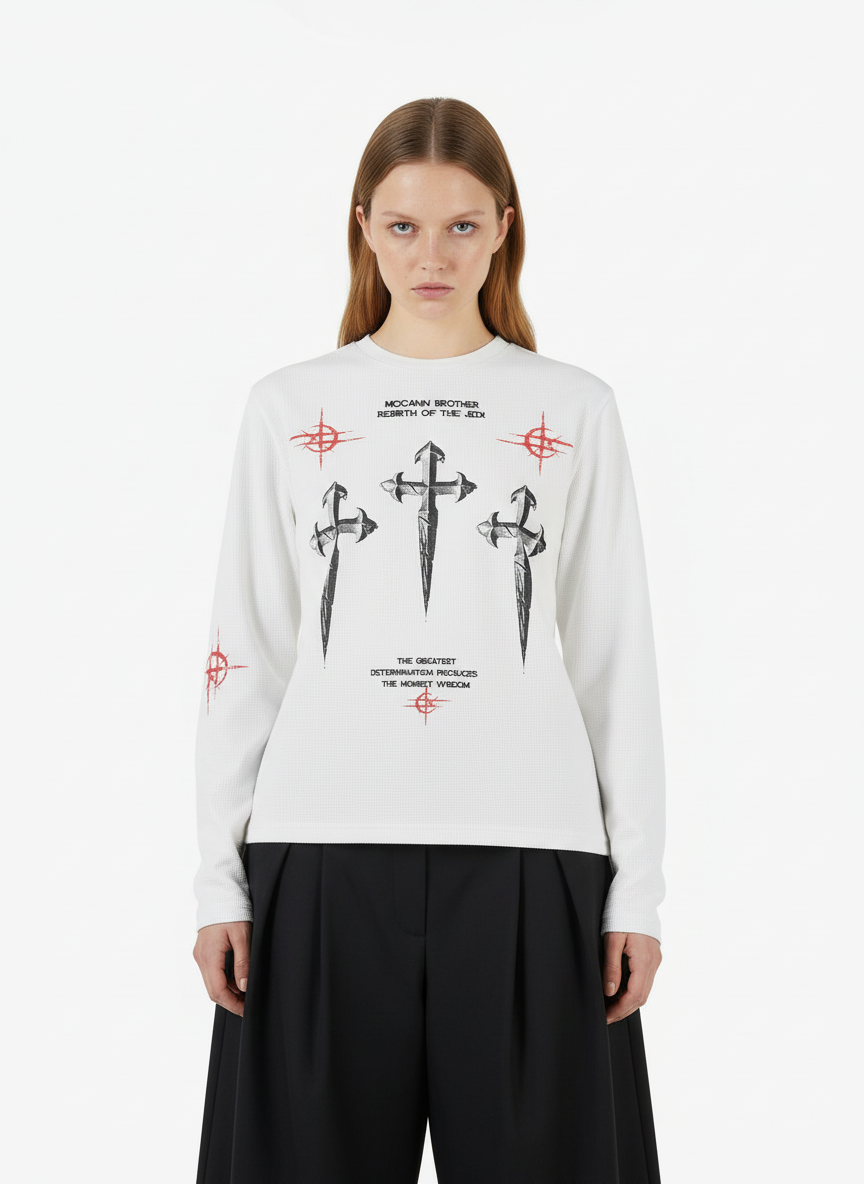 Letter Print Waffle Cross Long-Sleeved T-Shirt