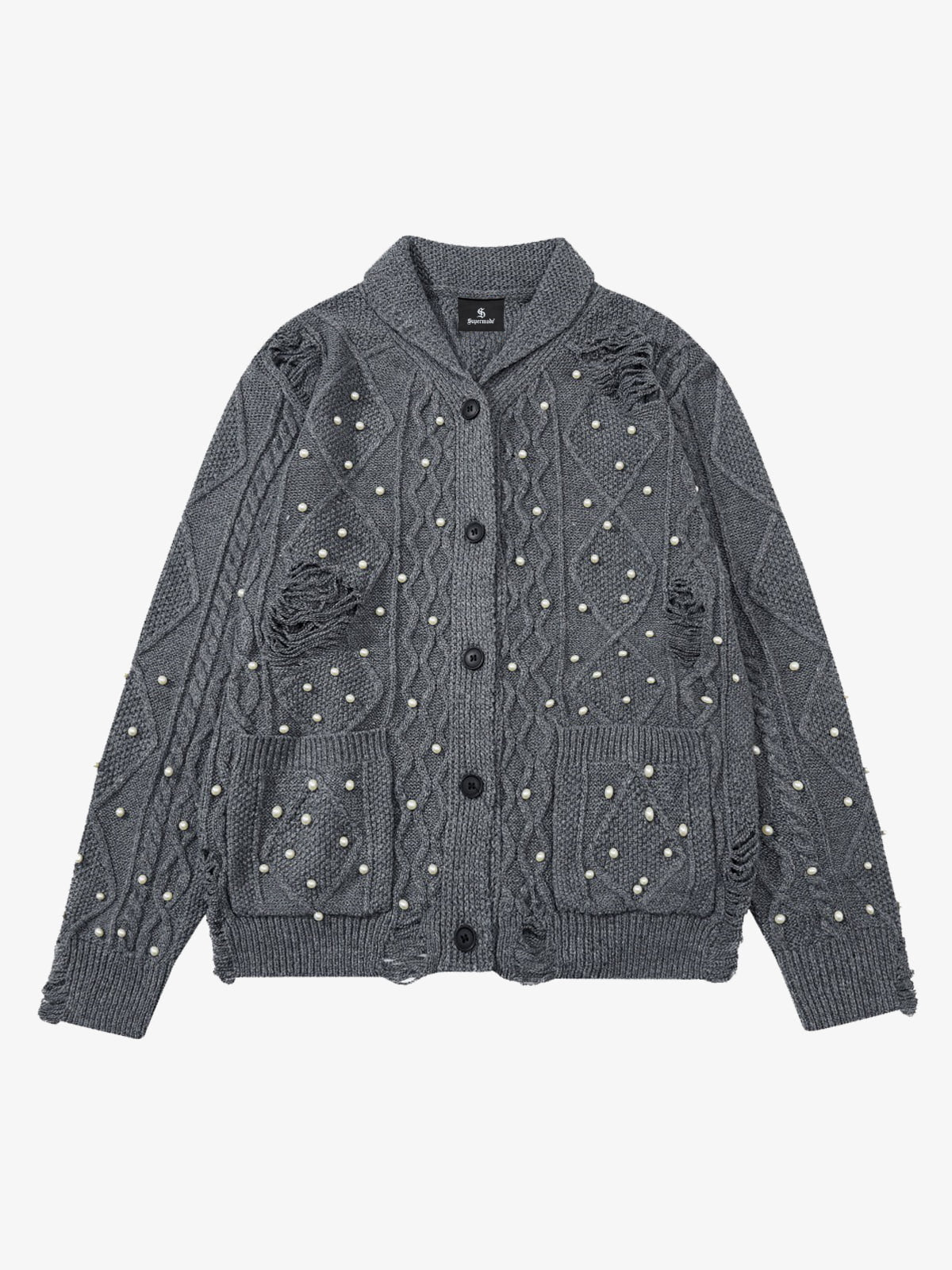 Retro Beaded Crochet Distressed Knit Cardigan 