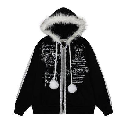 Retro Plush Collar Cartoon Anime Zip-Up Hoodie 