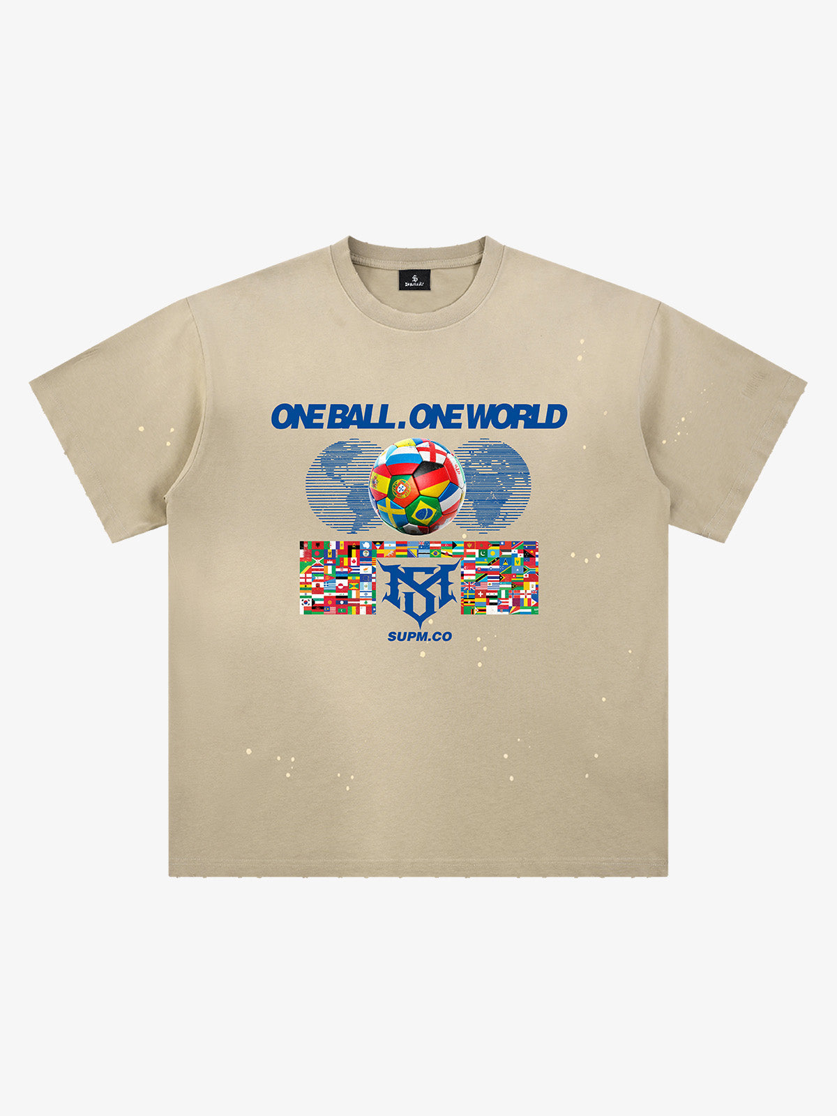 Unisex distressed loose-fitting cotton short-sleeved T-shirts featuring a "One ball, one world" slogan print and an ink-splatter wash finish. 