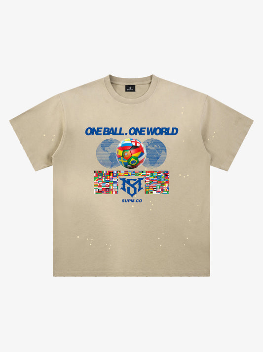 Unisex distressed loose-fitting cotton short-sleeved T-shirts featuring a "One ball, one world" slogan print and an ink-splatter wash finish. 