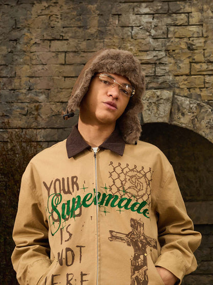 Supermade “Your God Is Not Here” Slogan Print Color-Blocked Embroidered Retro Canvas Set 