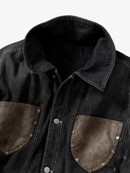 Stylish Denim Jacket with Cable Knit Sleeves and Leather Patches for Men 