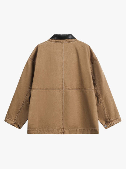 Leather Contrast Fold-Over Collar Multi Pocket Jacket