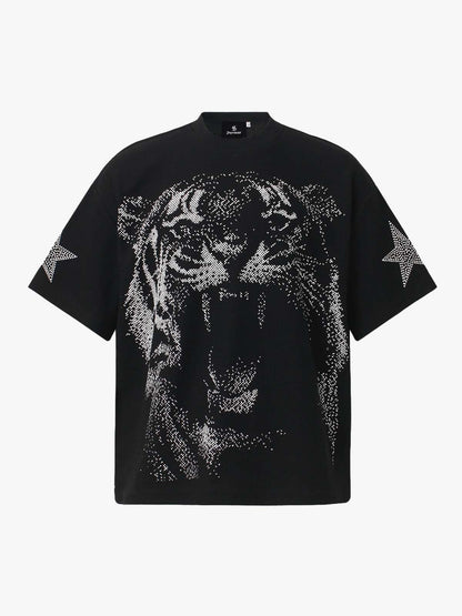 280G Cotton Tiger Print Oversized T-Shirt with Star Sleeve Design 