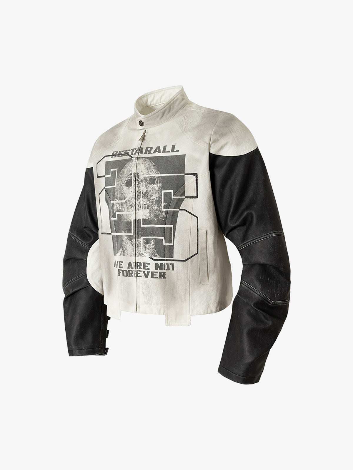 Thesupermade Skull Print Paneled Stand-up Collar Leather Jacket 