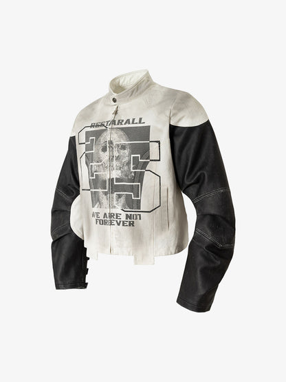 Thesupermade Skull Print Paneled Stand-up Collar Leather Jacket 