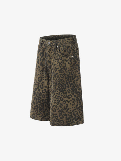 Cotton Leopard Print High-Waisted Wide-Leg Shorts for Women 