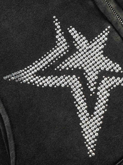 Vintage Washed Symmetrical Star Rhinestone Zip-Up Hoodie