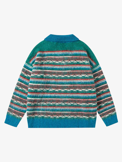 Vintage Striped Jacquard Polo Knit Sweater 