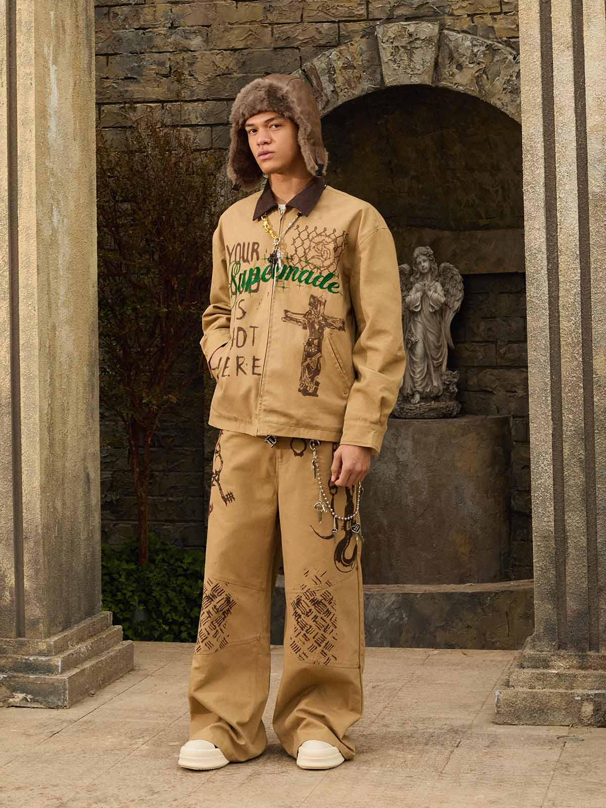 Supermade “Your God Is Not Here” Slogan Print Color-Blocked Embroidered Retro Canvas Set 