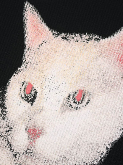 Cotton Oversized T-Shirt with Cat Graphic Print and Text Design?