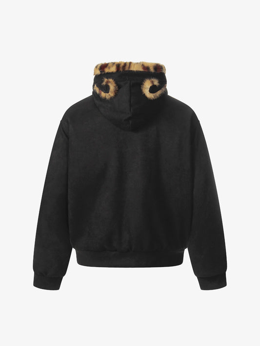 Leopard Print Hooded Jacket with Faux Fur Trim for Men - Trendy Winter Fashion 