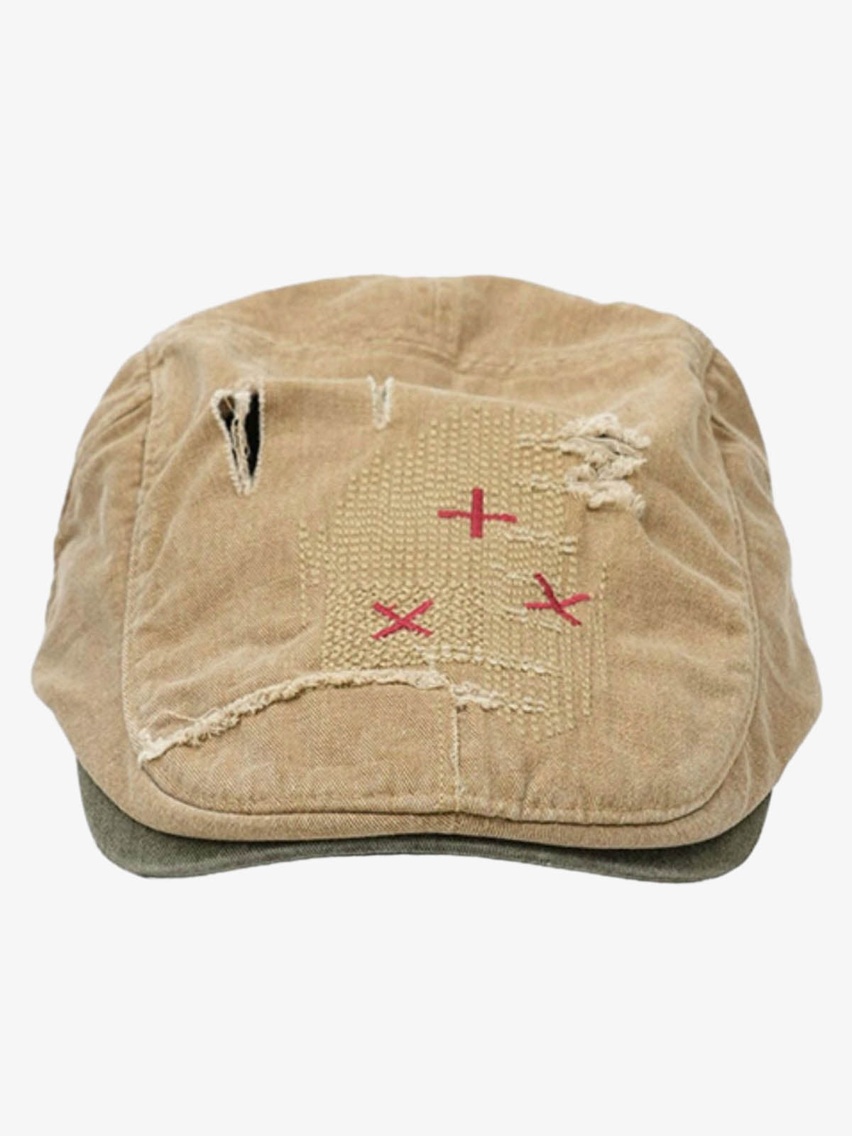 Cotton Denim Patchwork Flat Cap with Embroidered Red Panel and Distressed Details?