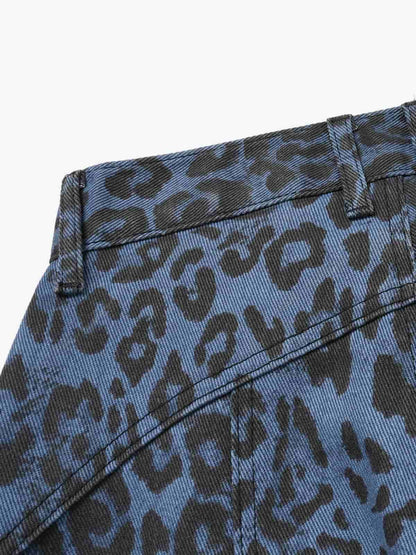 Retro Leopard Print Blue Washed Distressed Jeans 