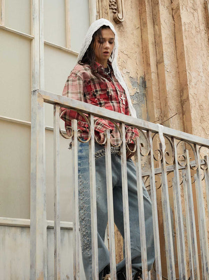 Cotton Plaid Shirt with Paint Splatter Design, Distressed Hem and Pockets, Casual Men's Long Sleeve Button-Up Jacket 