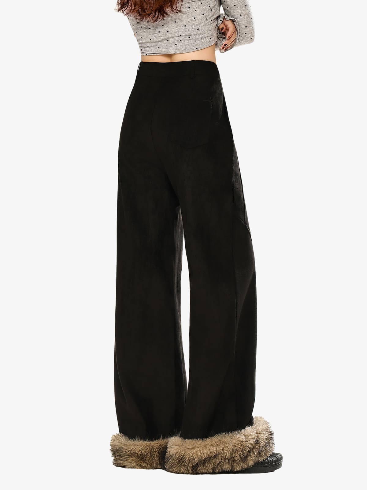 Retro Faux Fur Hem Wide-Leg Pants 