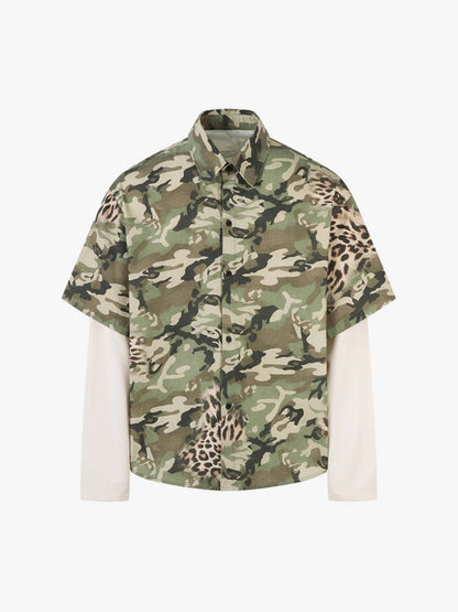 Cotton Camouflage Print Short Sleeve Shirt with Long Sleeve Layering Design?