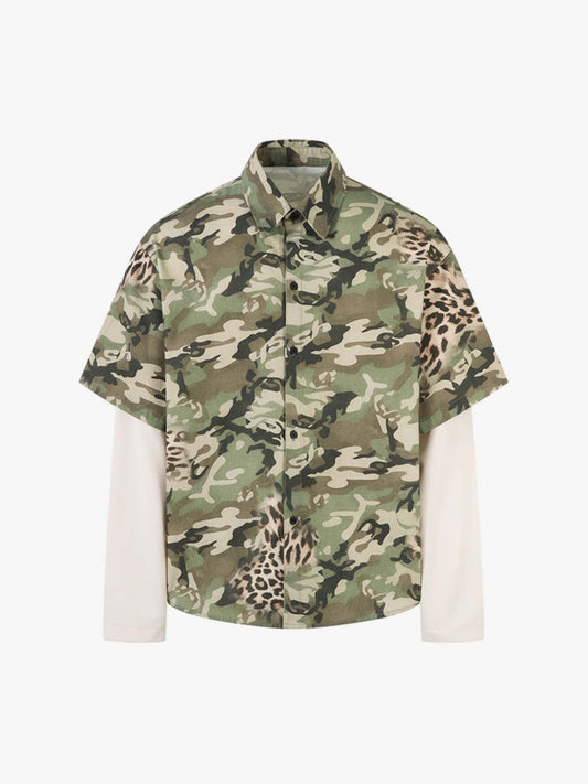 Cotton Camouflage Print Short Sleeve Shirt with Long Sleeve Layering Design?