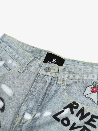 Denim Painted Animal Print Wide Leg Jeans with Cartoon Cat Dog Design?